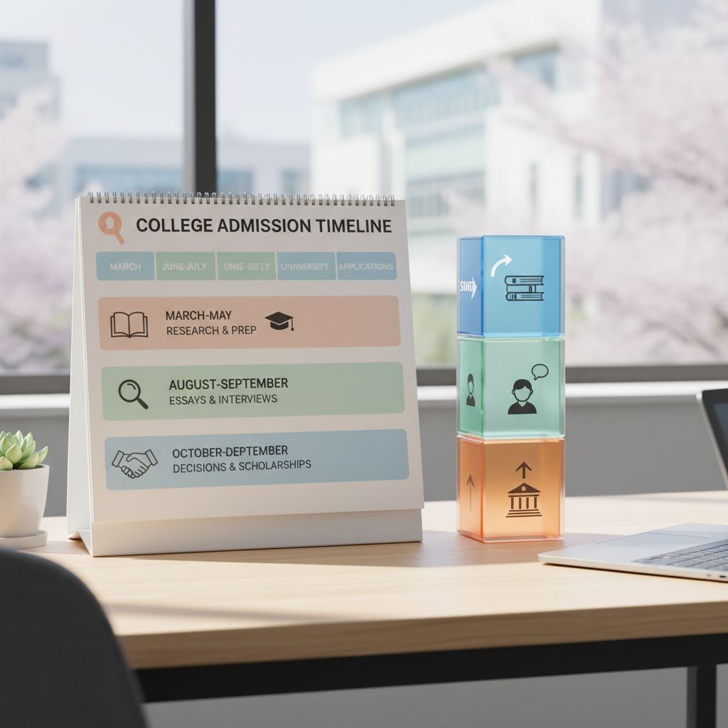 Photorealistic, high-quality image for a Korean education blog. Scene: college admission timeline. Style: professional, bright, modern. No text overlays. Landscape orientation, 16:9 ratio.