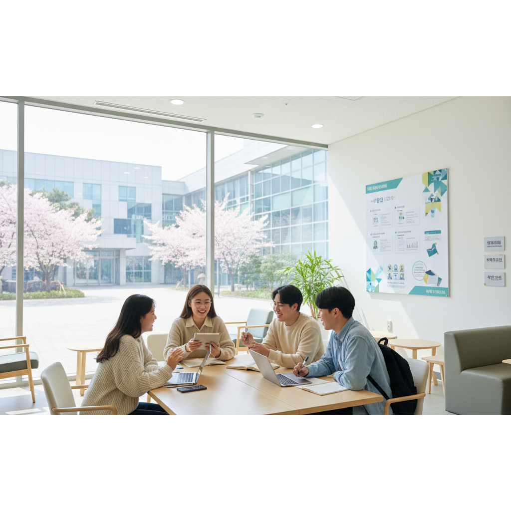 Photorealistic, high-quality image for a Korean education blog. Scene: financial aid students. Style: professional, bright, modern. No text overlays. Landscape orientation, 16:9 ratio.