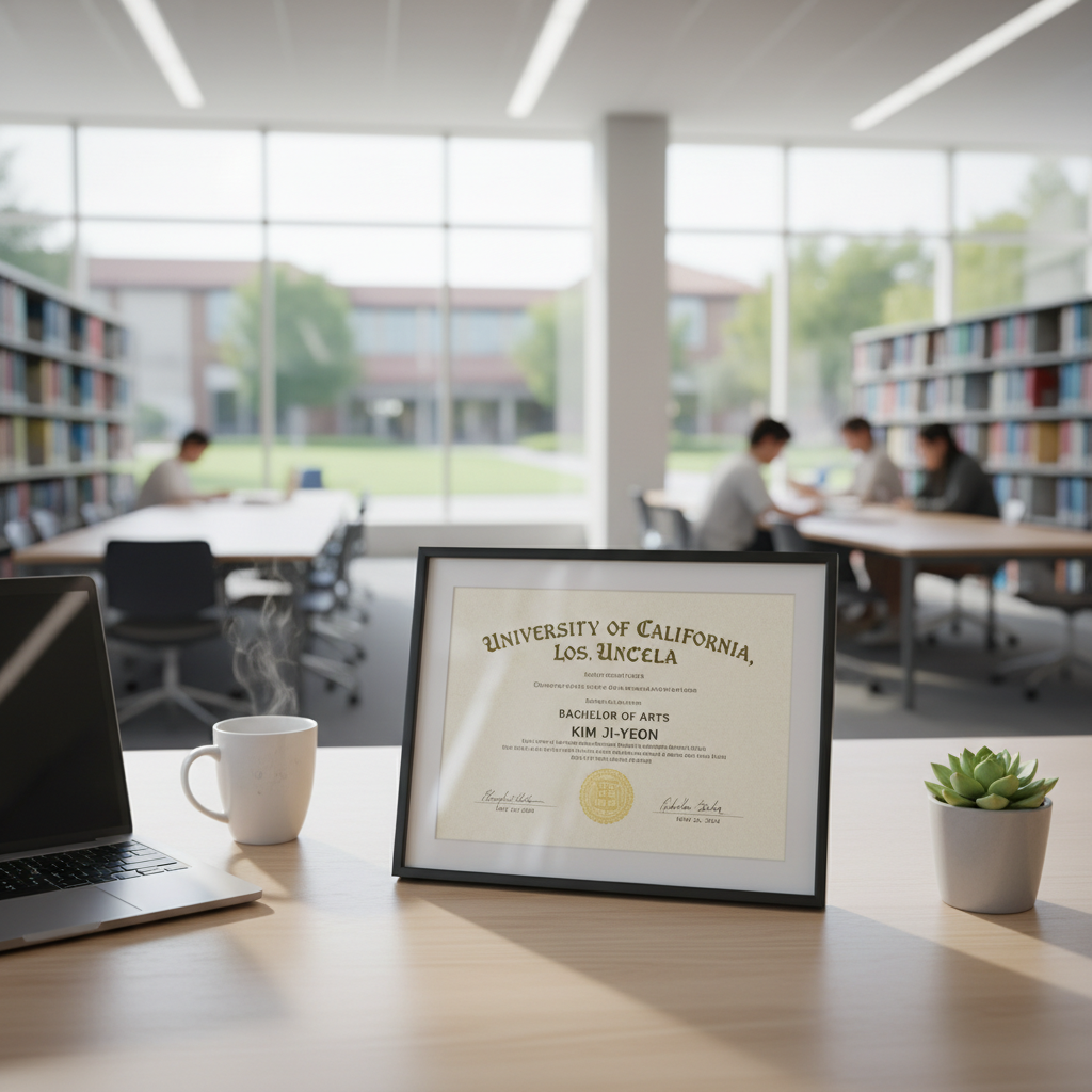 Photorealistic, high-quality image for a Korean education blog. Scene: american university diploma. Style: professional, bright, modern. No text overlays. Landscape orientation, 16:9 ratio.