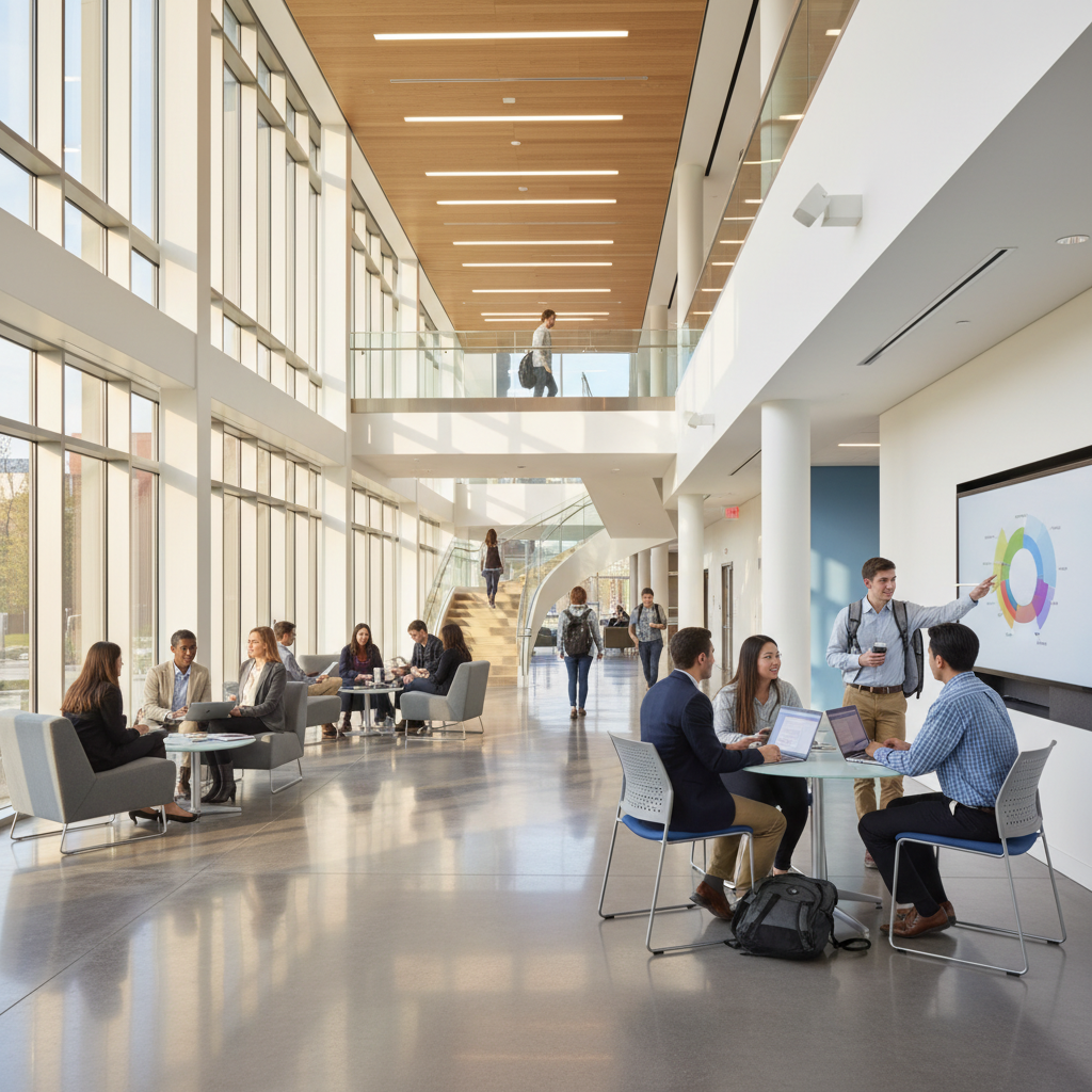 Photorealistic, high-quality image for a Korean education blog. Scene: american business school. Style: professional, bright, modern. No text overlays. Landscape orientation, 16:9 ratio.