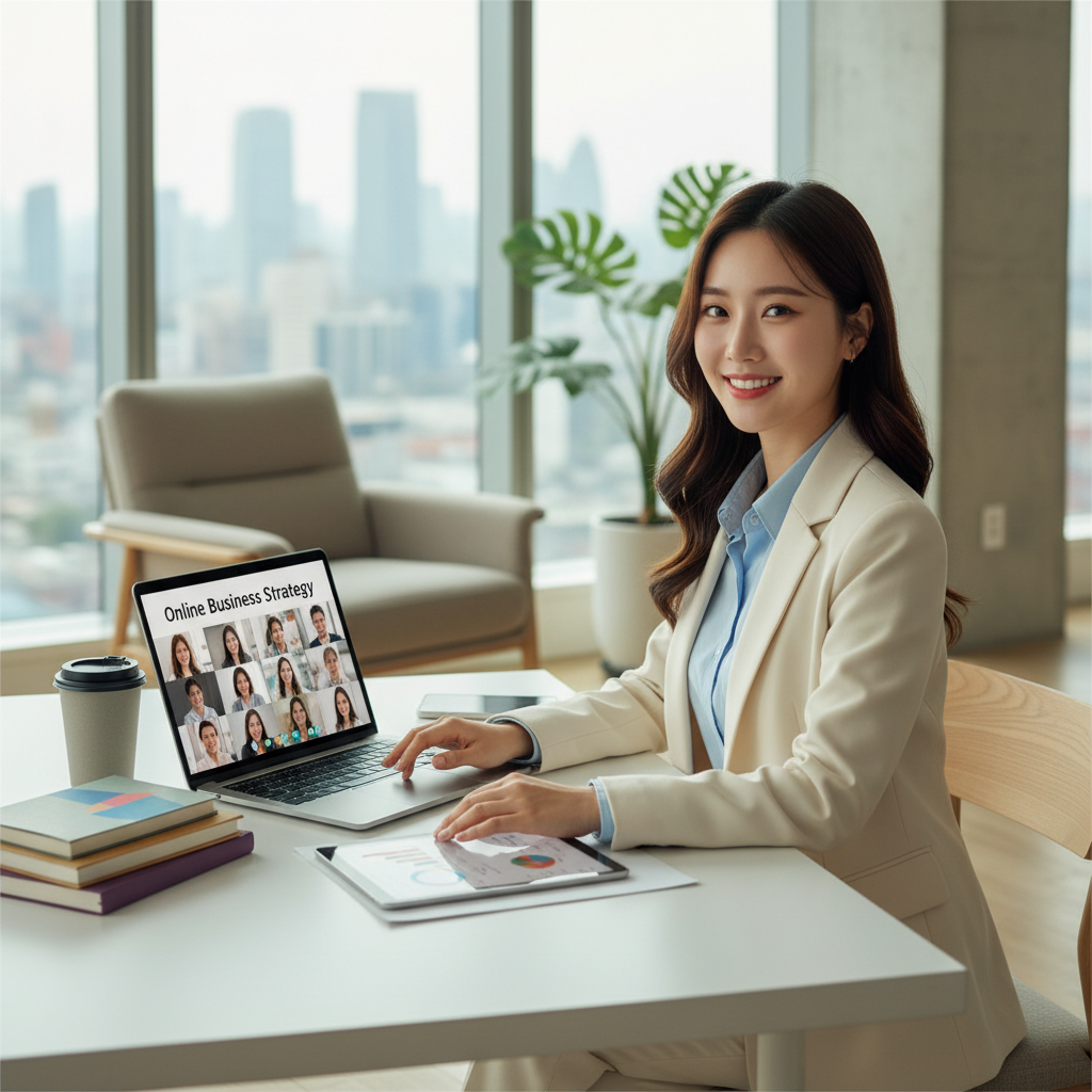 Photorealistic, high-quality image for a Korean education blog. Scene: online business degree program. Style: professional, bright, modern. No text overlays. Landscape orientation, 16:9 ratio.