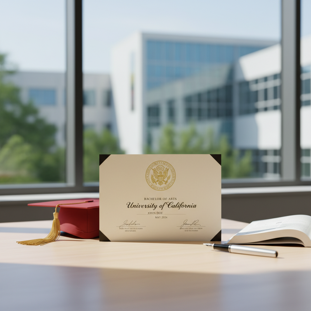 Photorealistic, high-quality image for a Korean education blog. Scene: american university diploma. Style: professional, bright, modern. No text overlays. Landscape orientation, 16:9 ratio.