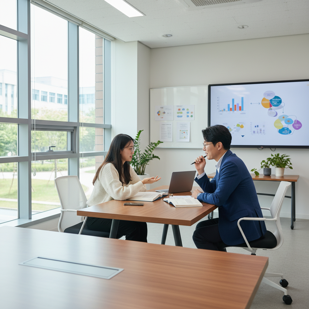 Photorealistic, high-quality image for a Korean education blog. Scene: student professor meeting. Style: professional, bright, modern. No text overlays. Landscape orientation, 16:9 ratio.