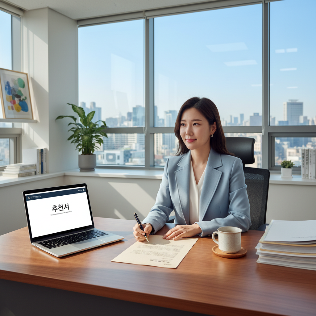 Photorealistic, high-quality image for a Korean education blog. Scene: recommendation letter writing. Style: professional, bright, modern. No text overlays. Landscape orientation, 16:9 ratio.