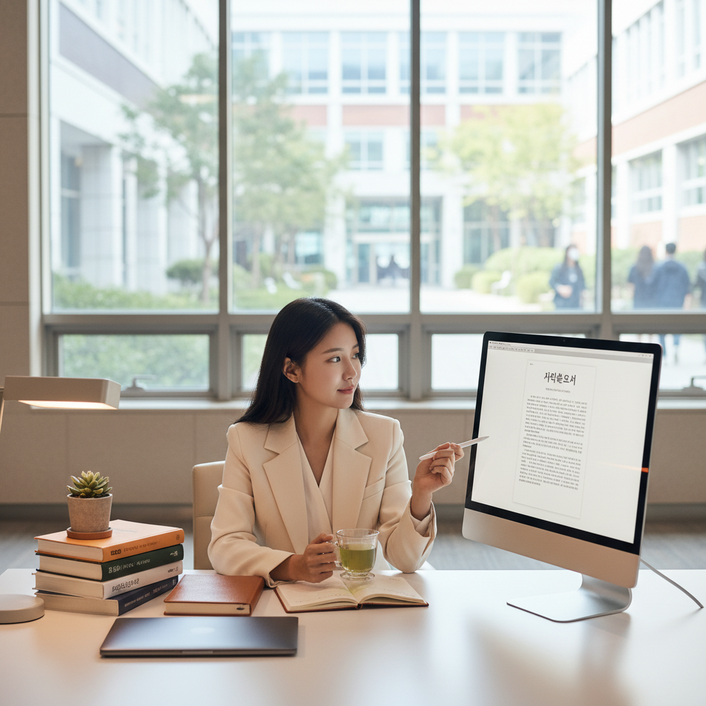 Photorealistic, high-quality image for a Korean education blog. Scene: personal statement university. Style: professional, bright, modern. No text overlays. Landscape orientation, 16:9 ratio.