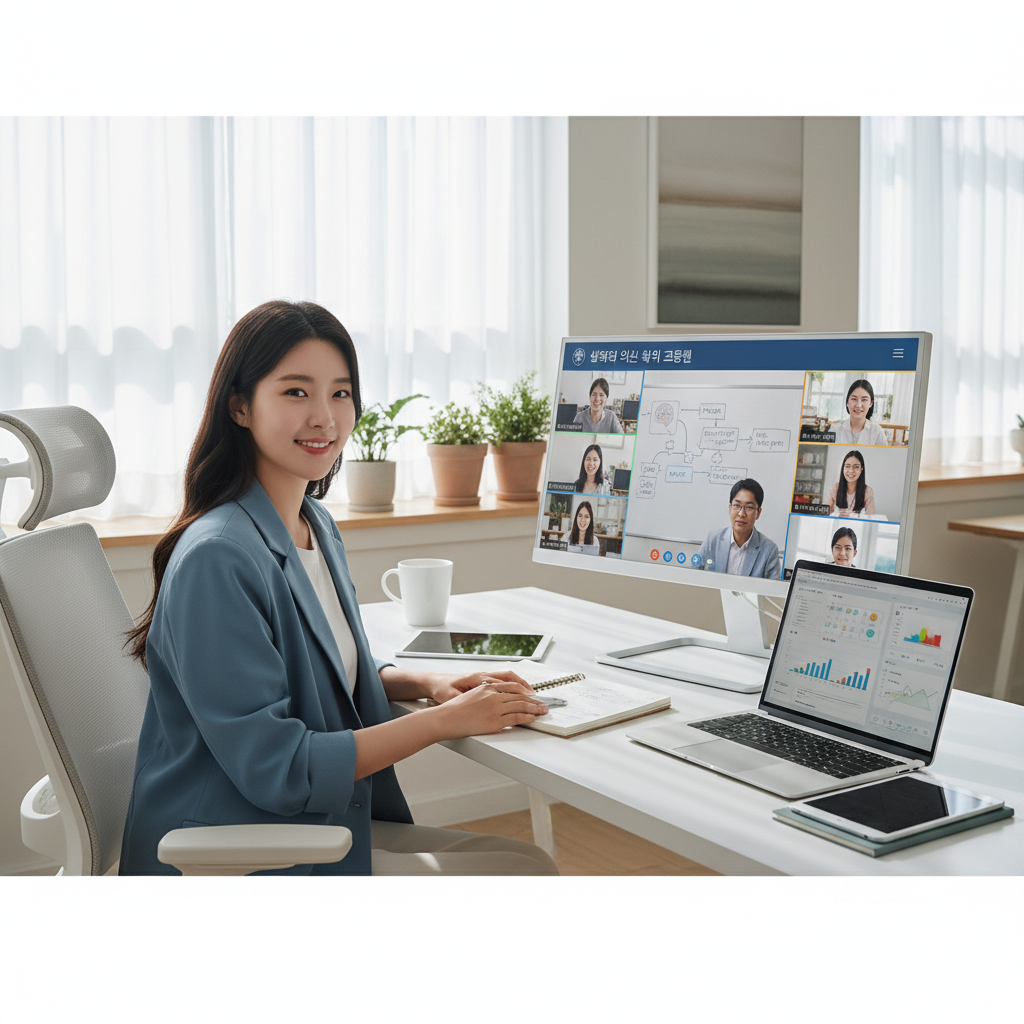 Photorealistic, high-quality image for a Korean education blog. Scene: psychology online degree program. Style: professional, bright, modern. No text overlays. Landscape orientation, 16:9 ratio.
