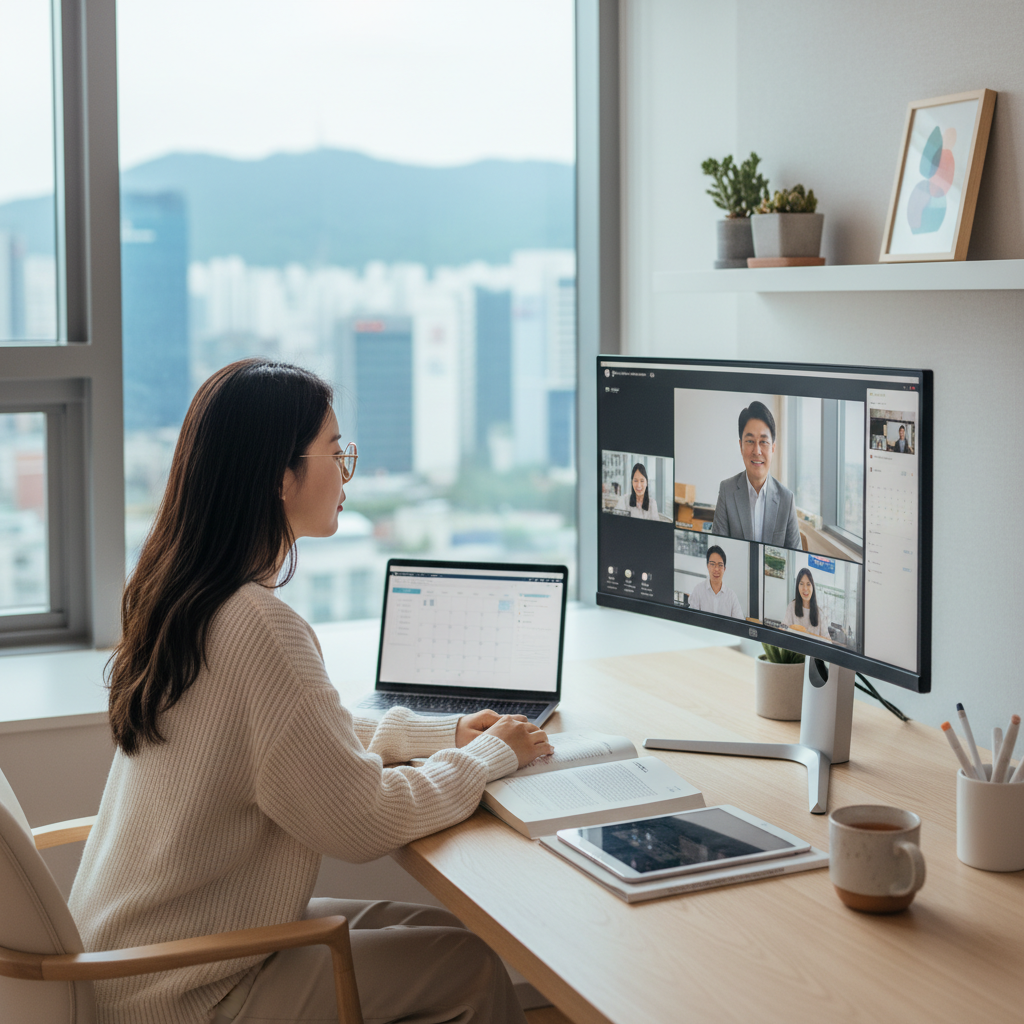 Photorealistic, high-quality image for a Korean education blog. Scene: online university student studying. Style: professional, bright, modern. No text overlays. Landscape orientation, 16:9 ratio.