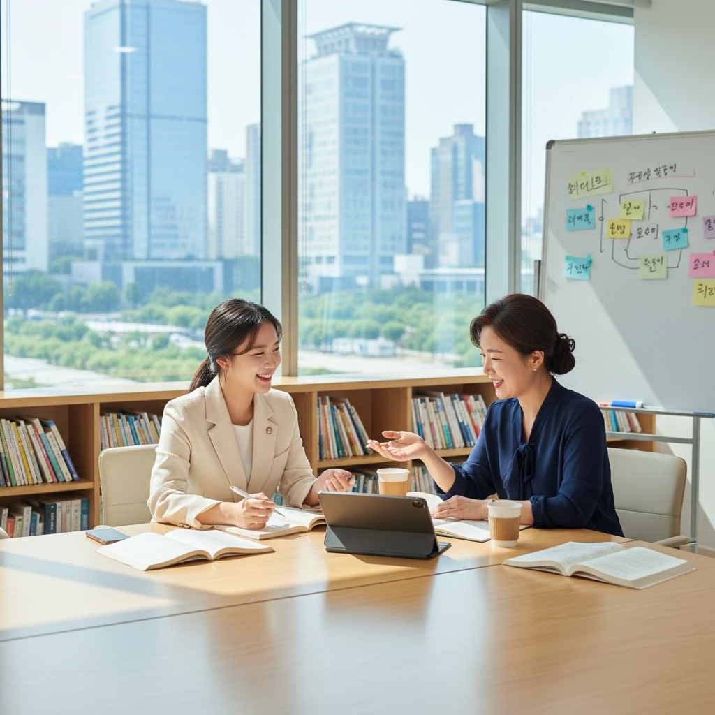 Photorealistic, high-quality image for a Korean education blog. Scene: student teacher meeting. Style: professional, bright, modern. No text overlays. Landscape orientation, 16:9 ratio.