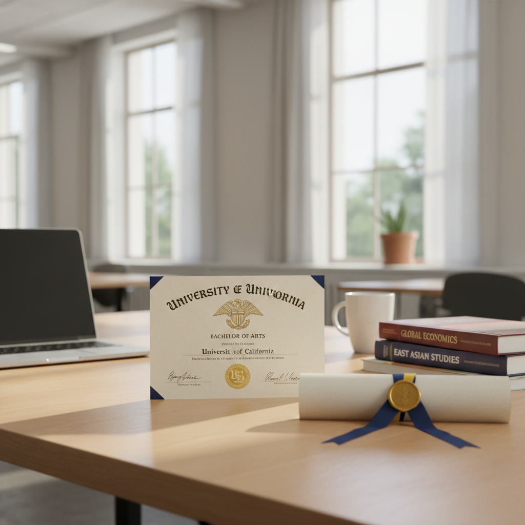 Photorealistic, high-quality image for a Korean education blog. Scene: american university diploma. Style: professional, bright, modern. No text overlays. Landscape orientation, 16:9 ratio.