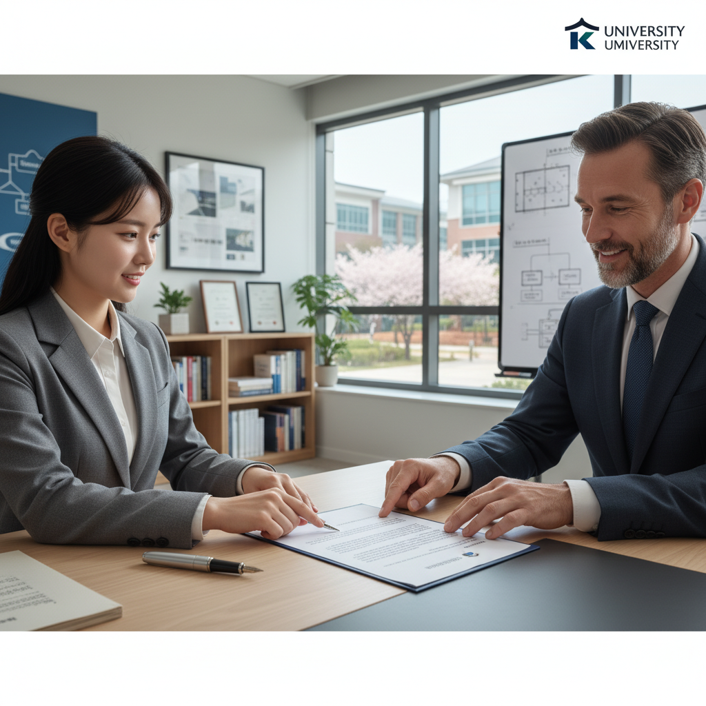 Photorealistic, high-quality image for a Korean education blog. Scene: recommendation letter university. Style: professional, bright, modern. No text overlays. Landscape orientation, 16:9 ratio.