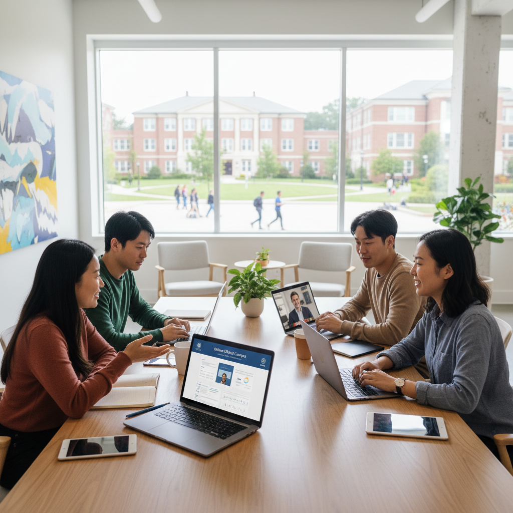 Photorealistic, high-quality image for a Korean education blog. Scene: american university online degree program. Style: professional, bright, modern. No text overlays. Landscape orientation, 16:9 ratio.