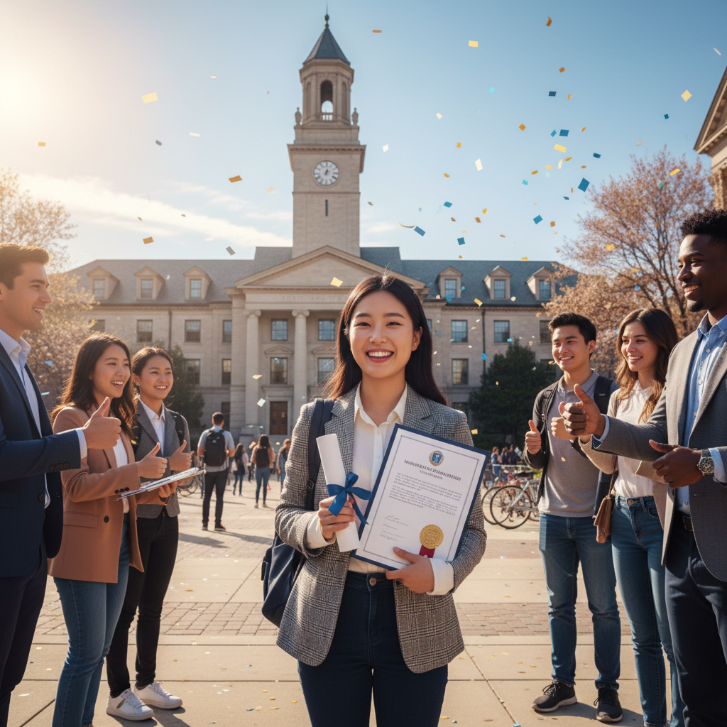 Photorealistic, high-quality image for a Korean education blog. Scene: american university scholarship. Style: professional, bright, modern. No text overlays. Landscape orientation, 16:9 ratio.