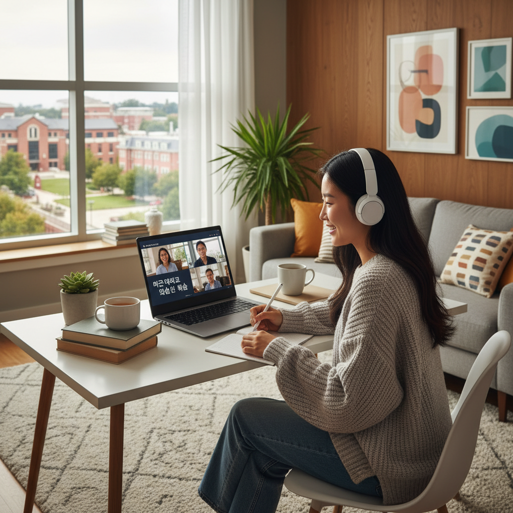 Photorealistic, high-quality image for a Korean education blog. Scene: american university online learning. Style: professional, bright, modern. No text overlays. Landscape orientation, 16:9 ratio.