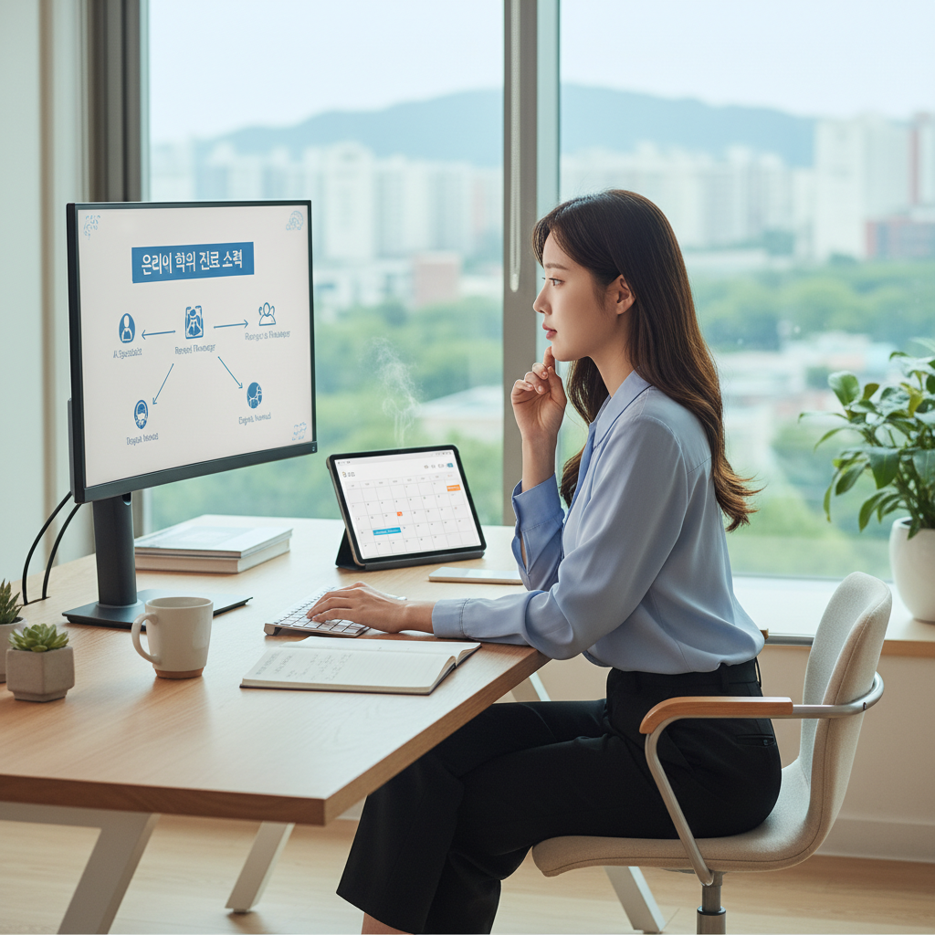 Photorealistic, high-quality image for a Korean education blog. Scene: online degree career strategy. Style: professional, bright, modern. No text overlays. Landscape orientation, 16:9 ratio.