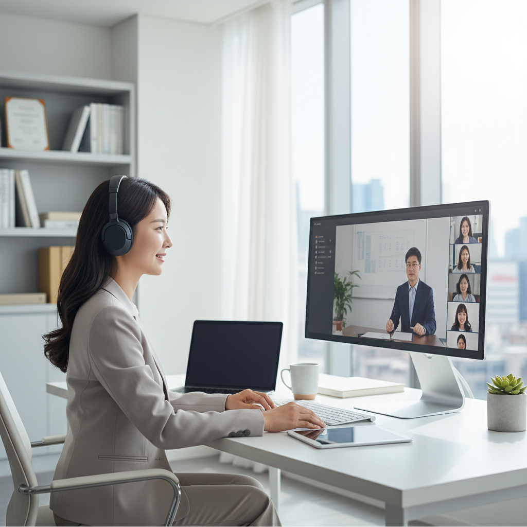 Photorealistic, high-quality image for a Korean education blog. Scene: working professional online degree. Style: professional, bright, modern. No text overlays. Landscape orientation, 16:9 ratio.