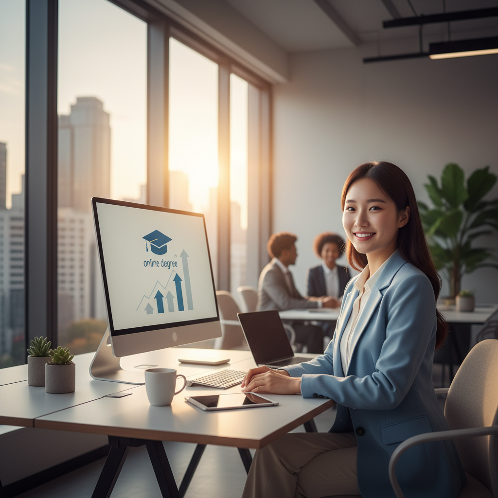 Photorealistic, high-quality image for a Korean education blog. Scene: online degree graduate career. Style: professional, bright, modern. No text overlays. Landscape orientation, 16:9 ratio.