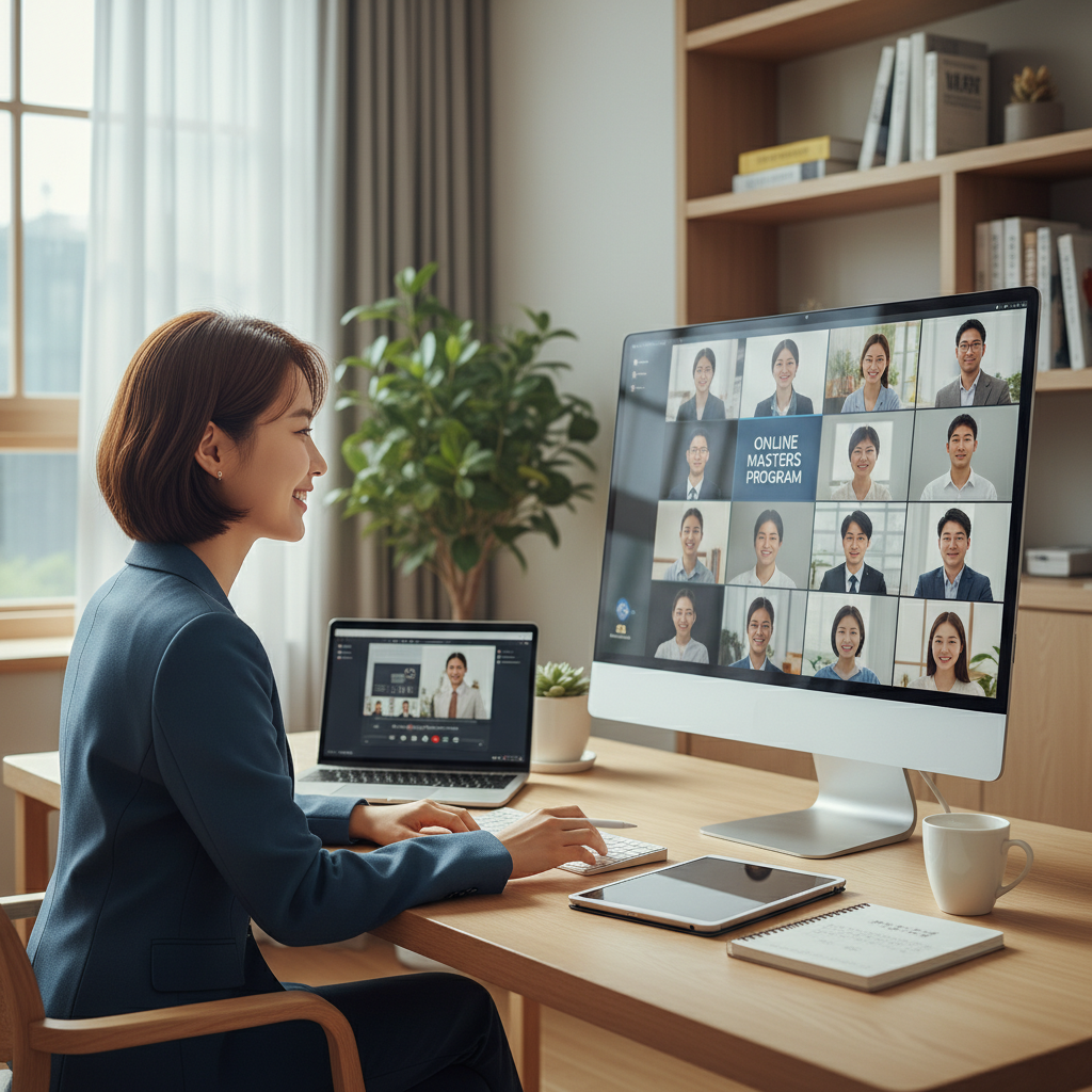 Photorealistic, high-quality image for a Korean education blog. Scene: online masters degree program. Style: professional, bright, modern. No text overlays. Landscape orientation, 16:9 ratio.