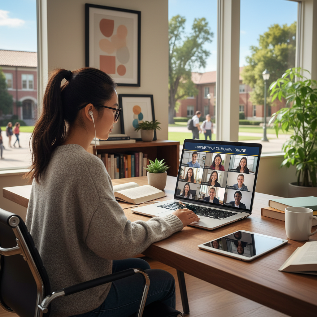Photorealistic, high-quality image for a Korean education blog. Scene: american university online learning. Style: professional, bright, modern. No text overlays. Landscape orientation, 16:9 ratio.