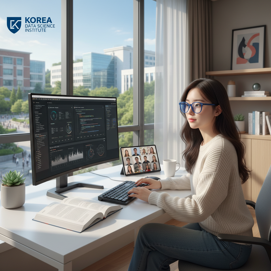 Photorealistic, high-quality image for a Korean education blog. Scene: data science online degree. Style: professional, bright, modern. No text overlays. Landscape orientation, 16:9 ratio.