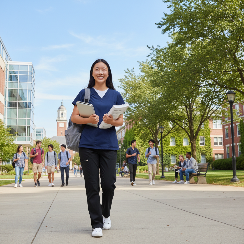 Photorealistic, high-quality image for a Korean education blog. Scene: american university nursing student. Style: professional, bright, modern. No text overlays. Landscape orientation, 16:9 ratio.