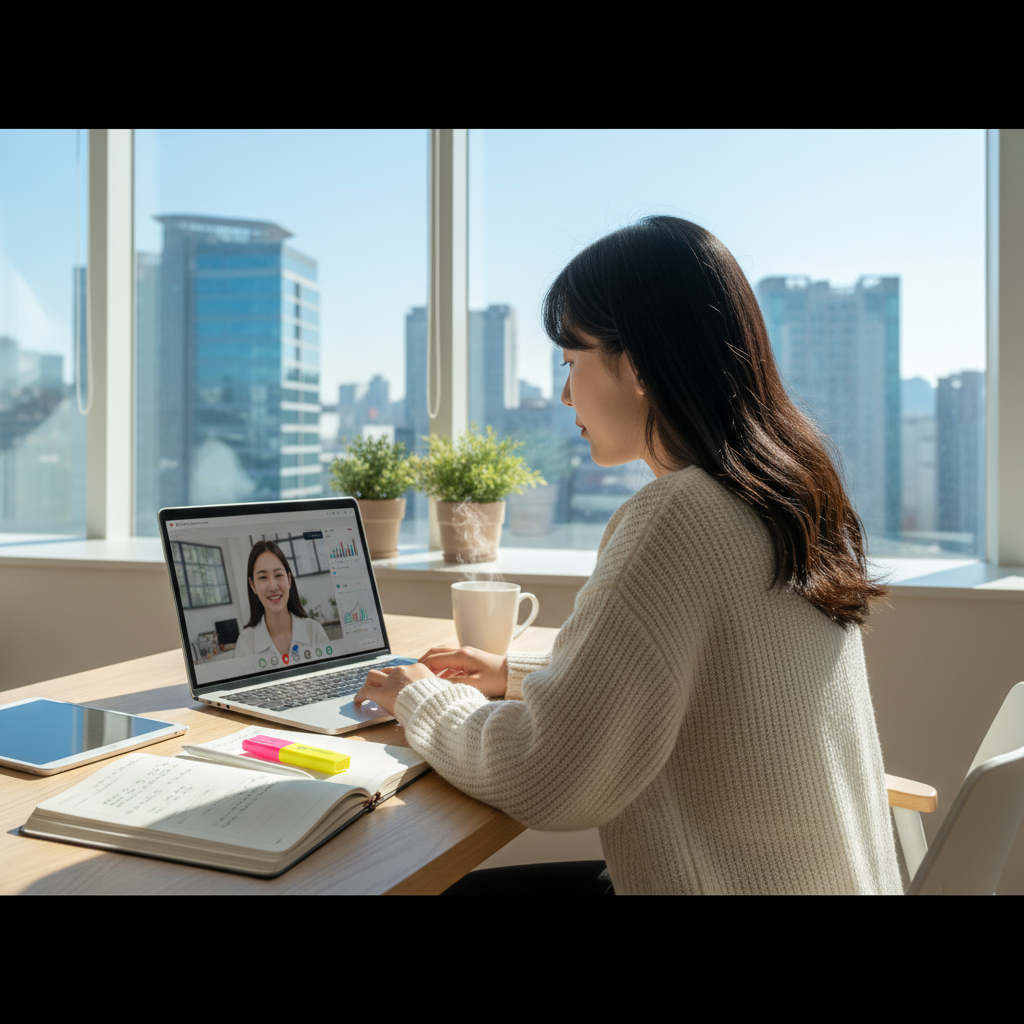 Photorealistic, high-quality image for a Korean education blog. Scene: student studying online laptop. Style: professional, bright, modern. No text overlays. Landscape orientation, 16:9 ratio.