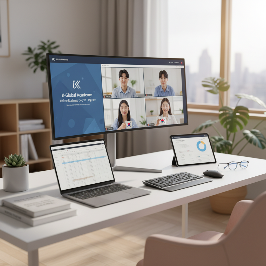 Photorealistic, high-quality image for a Korean education blog. Scene: online business degree program. Style: professional, bright, modern. No text overlays. Landscape orientation, 16:9 ratio.