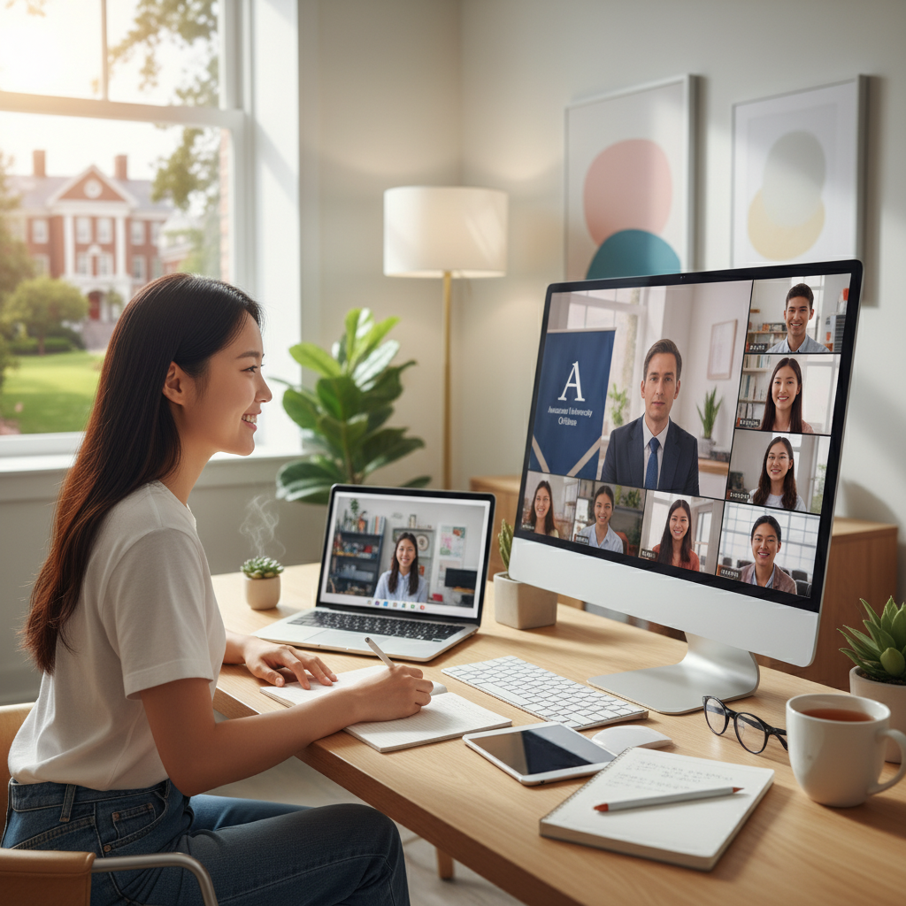 Photorealistic, high-quality image for a Korean education blog. Scene: american university online study. Style: professional, bright, modern. No text overlays. Landscape orientation, 16:9 ratio.