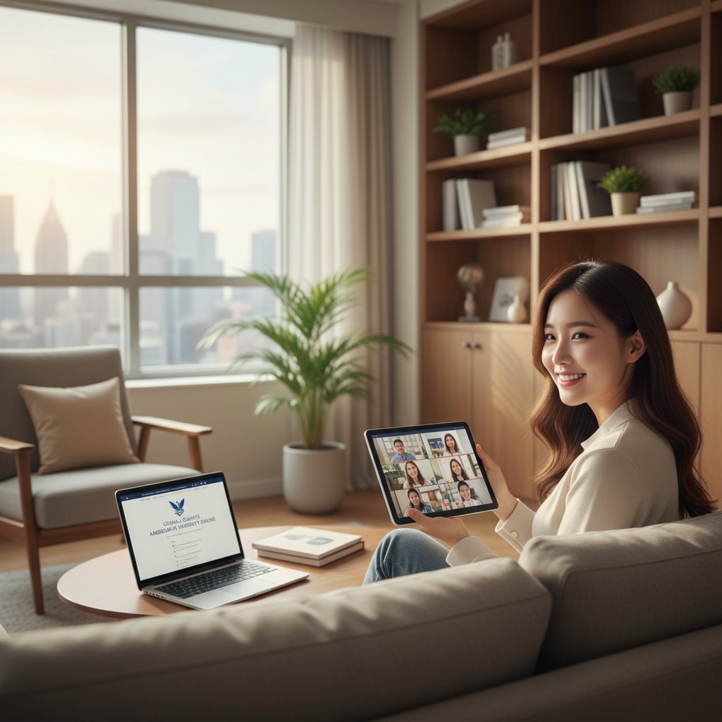 Photorealistic, high-quality image for a Korean education blog. Scene: american university online degree. Style: professional, bright, modern. No text overlays. Landscape orientation, 16:9 ratio.