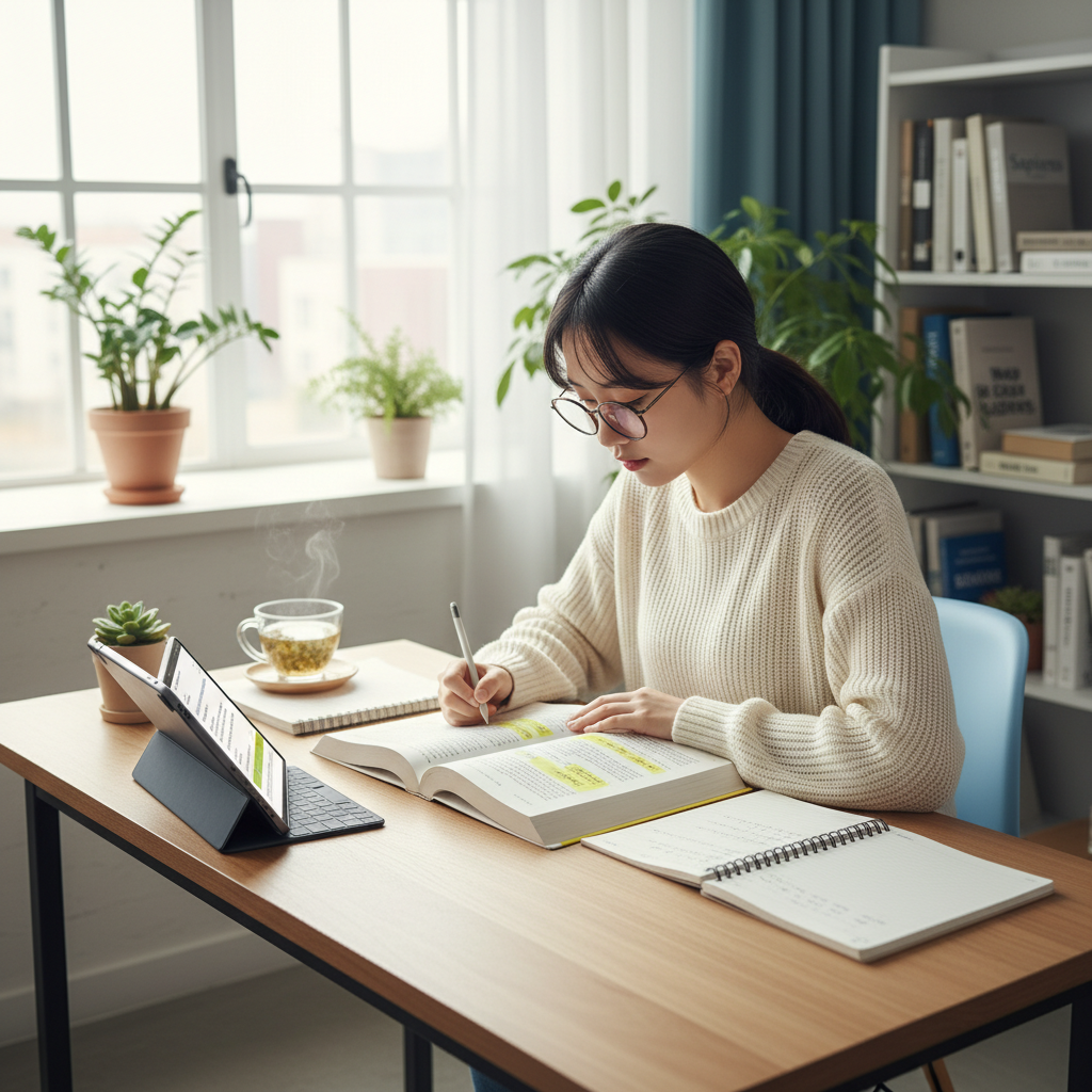 Photorealistic, high-quality image for a Korean education blog. Scene: student studying English. Style: professional, bright, modern. No text overlays. Landscape orientation, 16:9 ratio.