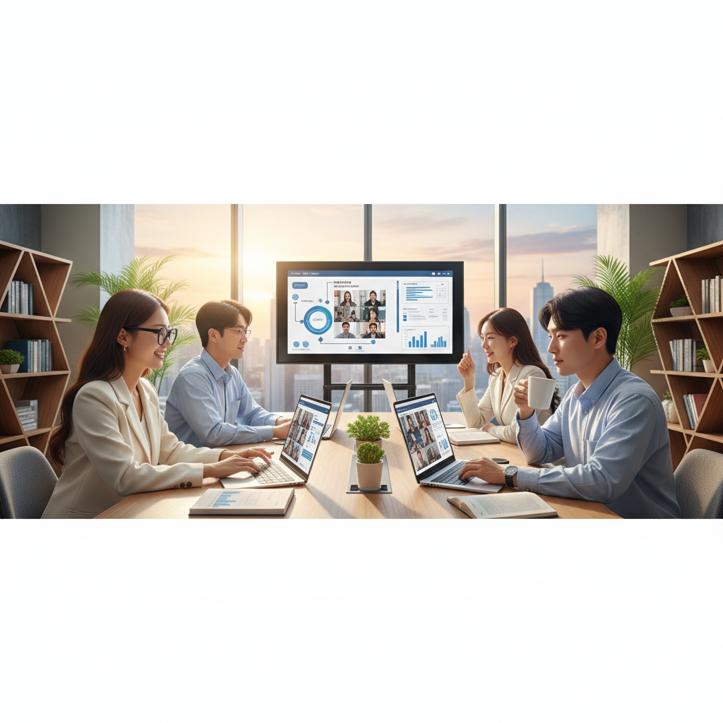 Photorealistic, high-quality image for a Korean education blog. Scene: online MBA program. Style: professional, bright, modern. No text overlays. Landscape orientation, 16:9 ratio.