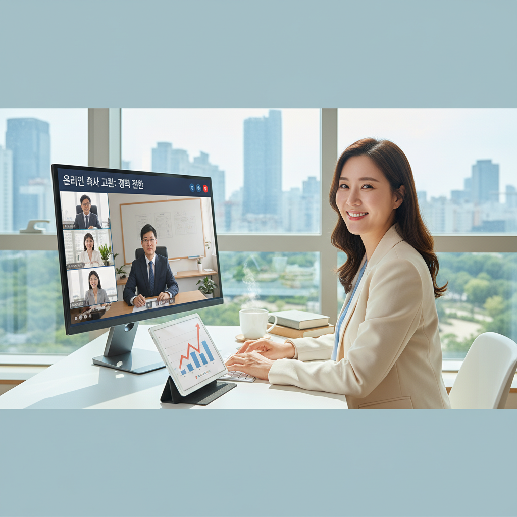 Photorealistic, high-quality image for a Korean education blog. Scene: online master degree career change. Style: professional, bright, modern. No text overlays. Landscape orientation, 16:9 ratio.